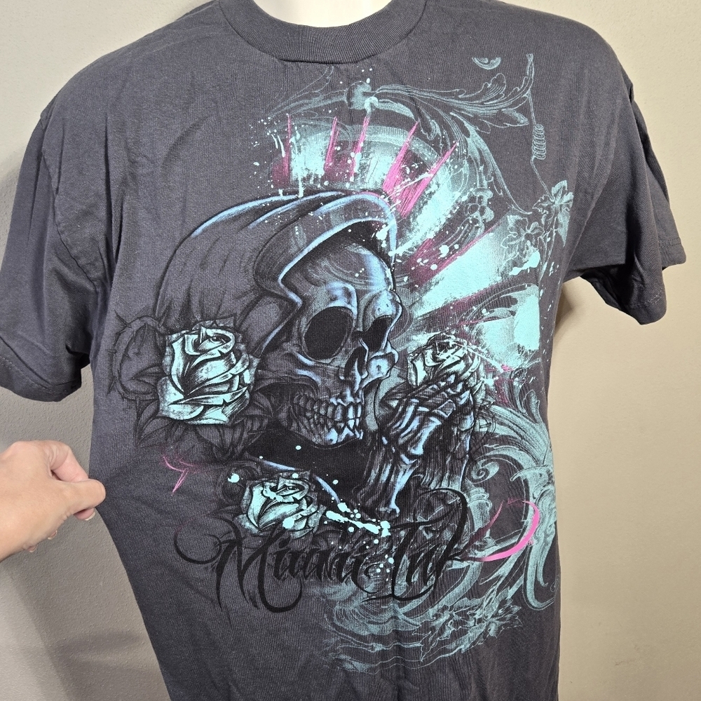 Miami Ink Mens Gray Tee Reaper Roses Teal Size Large - Picture 2 of 5